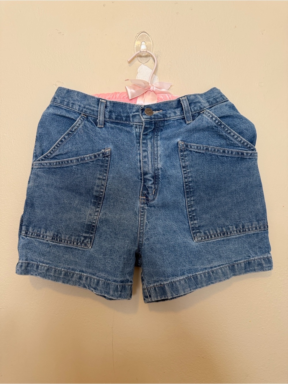 Arizona Jean Company Mid-High Waist Blue Denim Patch-Pocket Shorts